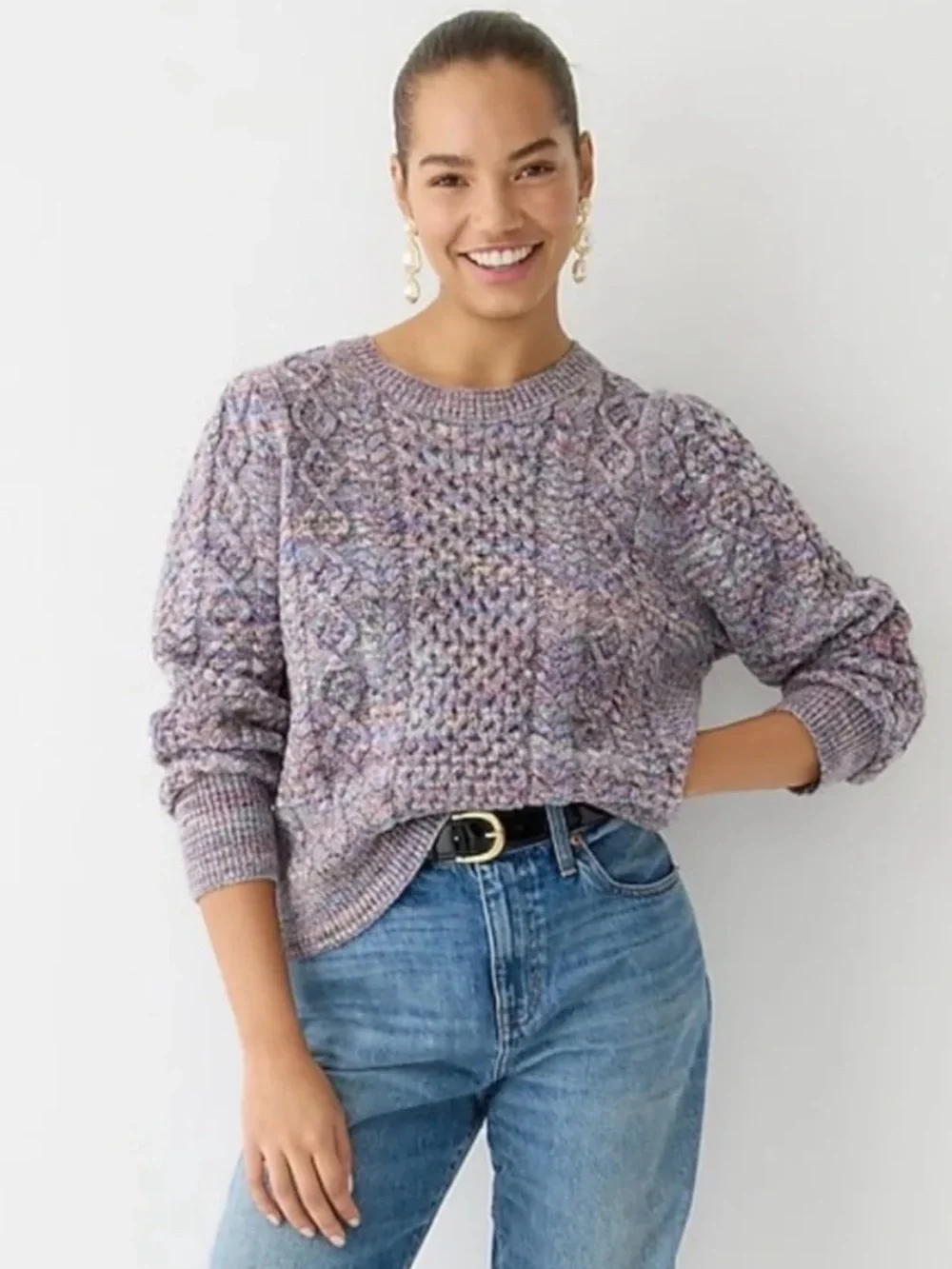 J.Crew 100% Wool Marled Cable Knit Fisherman’s Sweater - Purple Multicolor